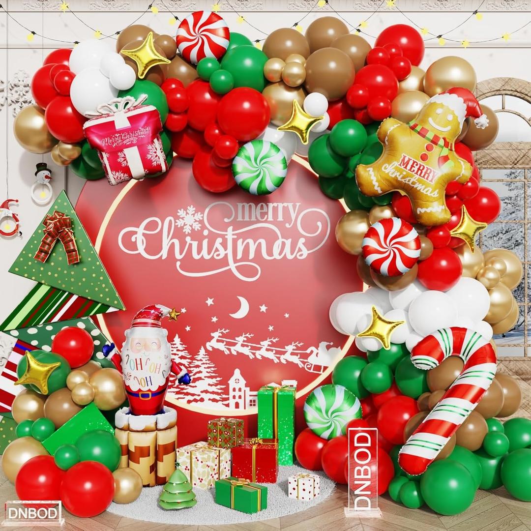Christmas Balloon Arch Kit,143 Red Green Gold Xmas Balloon Garland with Candy Canes,Gift Box,Gingerbread Man,Santa Claus Foil Balloons for Christmas New Year Winter Holiday Home Party Decorations