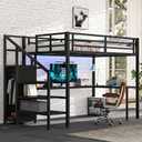 Bellemave Full Size Metal Loft Bed with L Shaped Desk and Wardrobe, Heavy Duty Loft Bed Frame with Storage Stairs, LED Loft Bed Frame with Charging Station & Safety Guard, Space Saving Loft Bed, Black