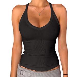 Danysu V Neck Racer Back Tank Top for Women Padded Ribbed Long Tank Fitted Basic Cami Tops XL