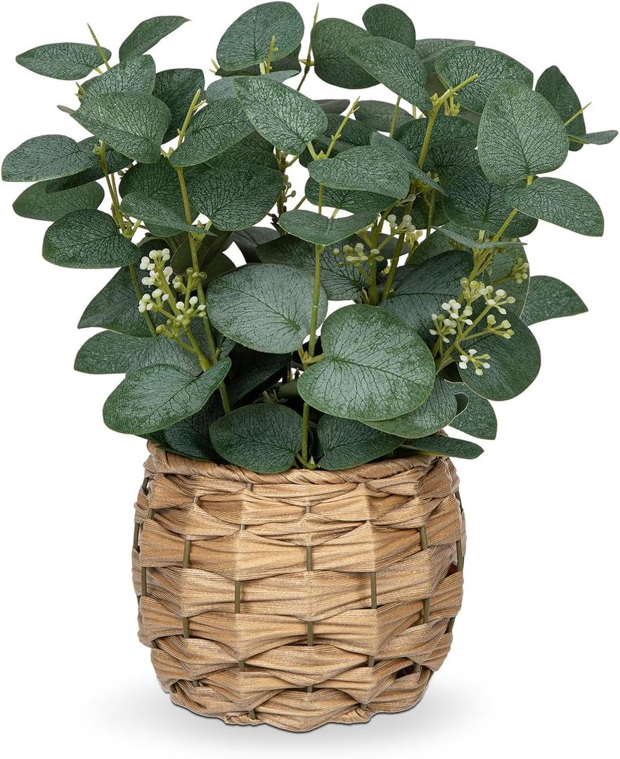 DILATATA Artificial Eucalyptus Stems in Woven Basket Planter, 11" Fake Plant Eucalyptus Leaves with White Seeds Faux Potted Plant Greenery for Table Centerpiece Office Indoor Home Decor