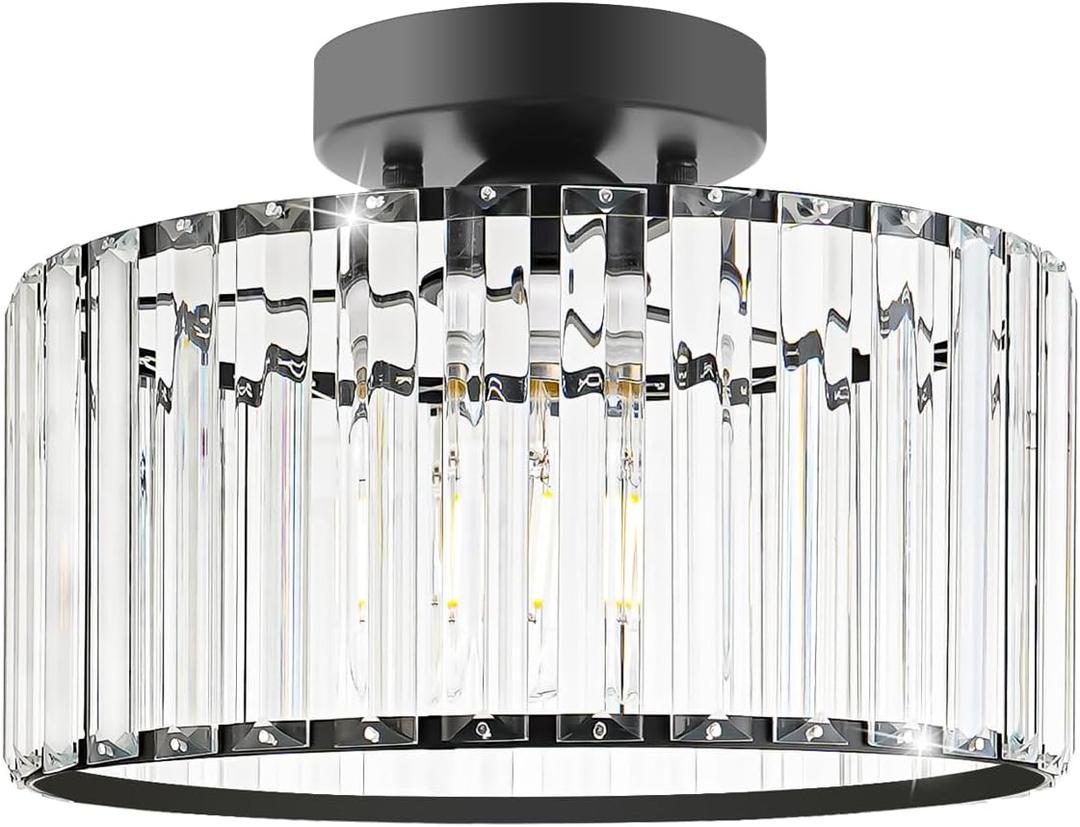 Crystal Ceiling Light Fixture, Modern Semi Flush Mount Ceiling Light, Black Close To Ceiling Light Fixtures, Crystal Chandelier Entryway Light, 11in Chandelier for Bedroom Porch Kitchen Living Room