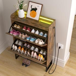 HAIOOU Shoe Storage Cabinet, Industrial Shoe Cabinet with 2 Flip Drawers, Farmhouse Slim Narrow Freestanding Wood Shoe Rack Storage Organizer for Entryway,Foyer,Hallway(Rustic Brown)