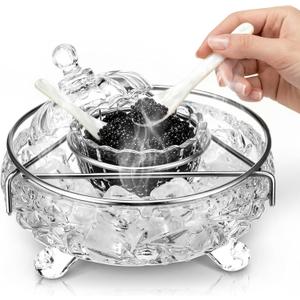 Zhehao 1 Set Glass Caviar Serving Set with Cover and Mother of Pearl Spoons Chiller Server Caviar Dish for Shrimp Appetizers Kitchen Restaurant Catering Events Dishwasher Safe (Clear Color), 3.54 x 4.13 inches Caviar dish