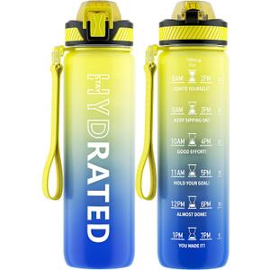 Water Bottle with Straw, 32oz Motivational Water Bottles with Time Marker to Drink, Tritan BPA Free, 1L Sports Water Bottle with Carry Strap LeakProof for Women Gym Fitness Outdoor (1 Pack) (Star Sky)
