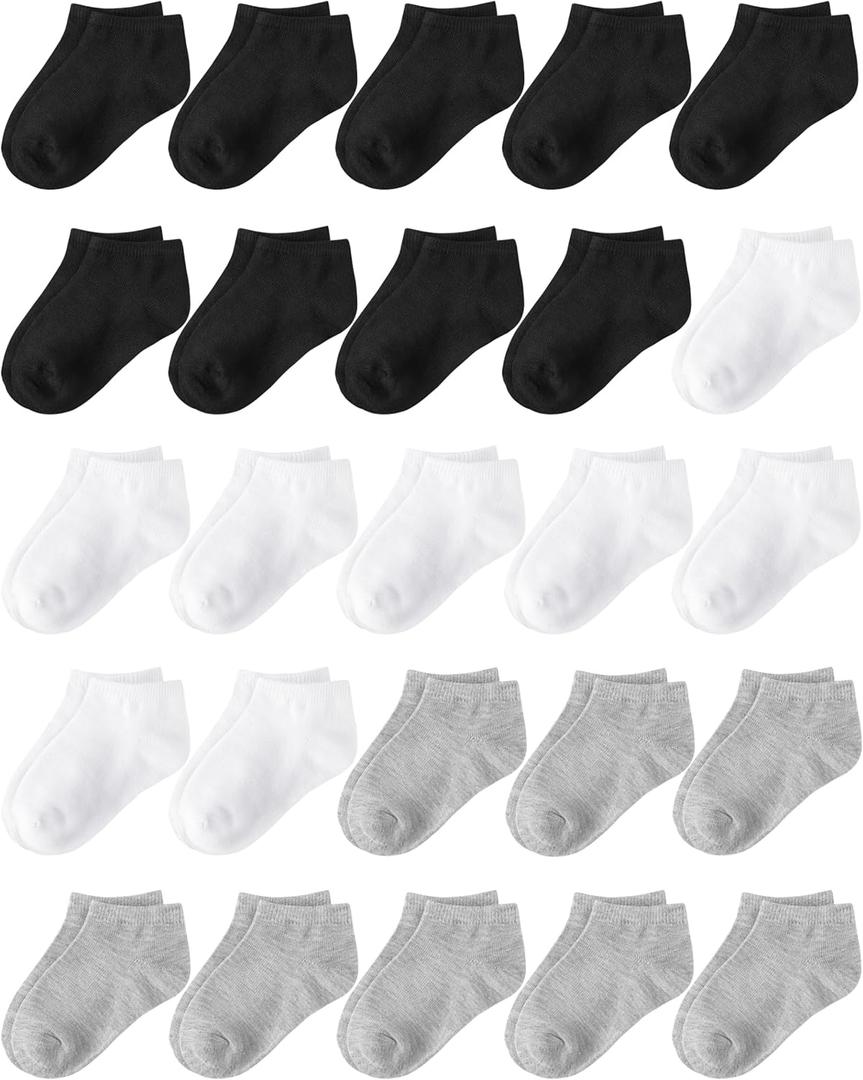 Glooarm 25 Pairs Toddler Socks, Kids Low Cut Ankle Half Cushion Athletic Socks for Boys Girls 1-14 Years (6-8 Years, Black, White, Gray)