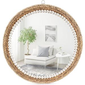 22 Inch Boho Style Decorative Mirror, Round Rattan Wall Hanging Mirror, Nature Rattan Woven Round Mirror, Makeup, Dressing Mirror, Suitable for Dressing Room, Living Room, Bedroom, Farmhouse