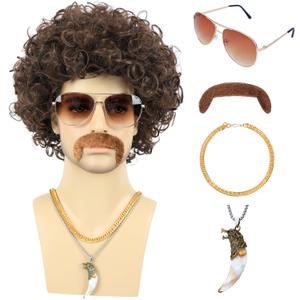 6pcs Set 70s 80s Disco wig with Mustache Sunglasses Necklace Golden Chain Short Curly Synthetic Hair Afro Mens Wig for 60s Rocker Hippies Costume Cosplay Halloween Party (Dark Brown)