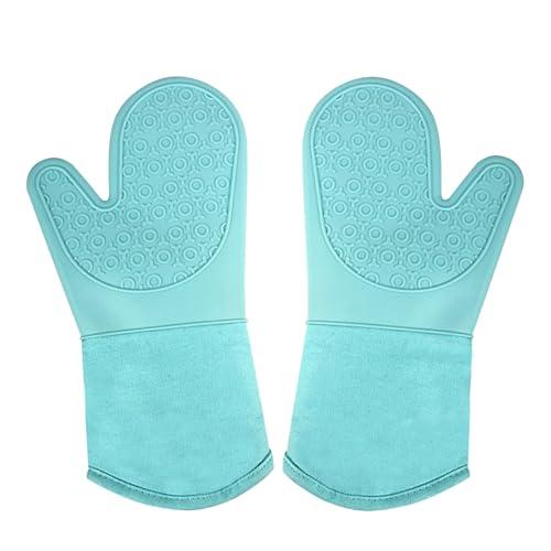 Silicone Oven Mitts Heat Resistant Waterproof Non Slip Long Oven Gloves with Soft Cotton Lining Handling Hot Pans Dishes Mitt for Cooking Baking, 1 Pair Kitchen Insulated Mittens (Green Blue) Turquoise