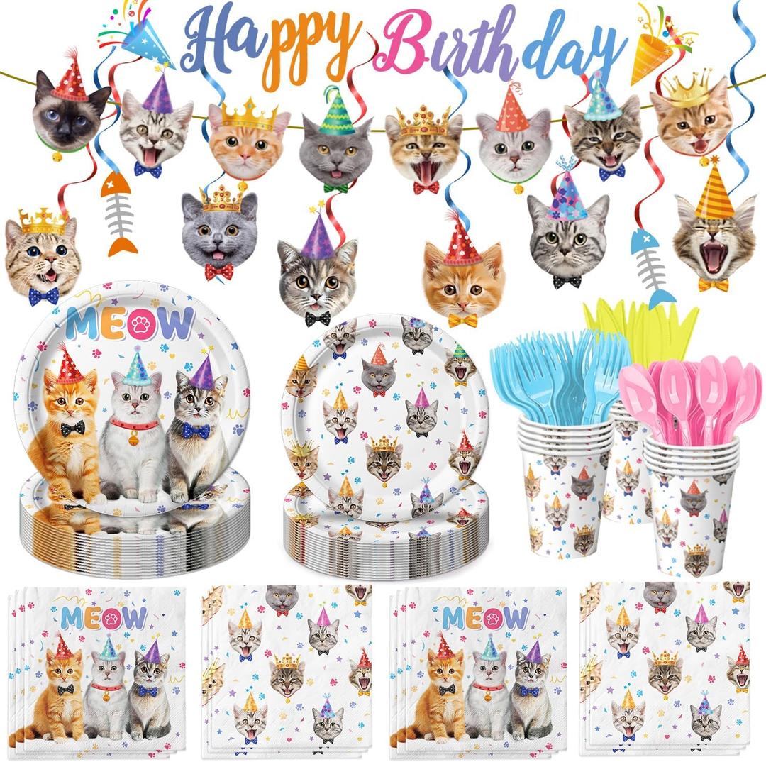 170PCS Cat Birthday Decorations Cat Birthday Party Supplies - Includes Plates, Napkins, Cups, Cutlery, Banner, Hanging Swirl for Cat Birthday Party Decorations, Serves 24 170PCS Cat Birthday Decorations Cat Birthday Party Supplies - Includes Plates, Napkins, Cups, Cutlery, Banner, Hanging Swirl for Cat Birthday Party Decorations, Serves 24