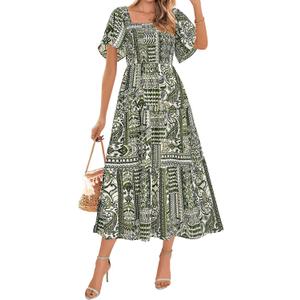 BTFBM Women's Clothing Wedding Guest Dresses Casual Boho Floral Short Sleeve Smocked Maxi Beach Spring Summer Dress 2026 (S)
