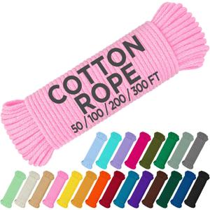 TECEUM Cotton Rope 3/16 (5 mm)  100 FT  Strong All-Purpose Braided Rope  Natural Cotton  for Crafting, amping, Clothes Line, DIY, Indoor & Outdoor Use  Pink