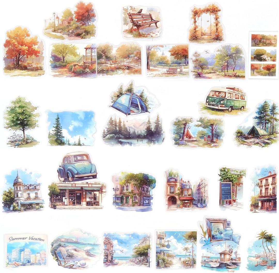 Nature Landscape Stickers Set - 120 Pcs Clear PET Travel Stickers for Scrapbooking, Journaling, Junk Journal - Waterproof Transparent Coastal Outdoor Aesthetic for Luggage, Scrapbook Supplies