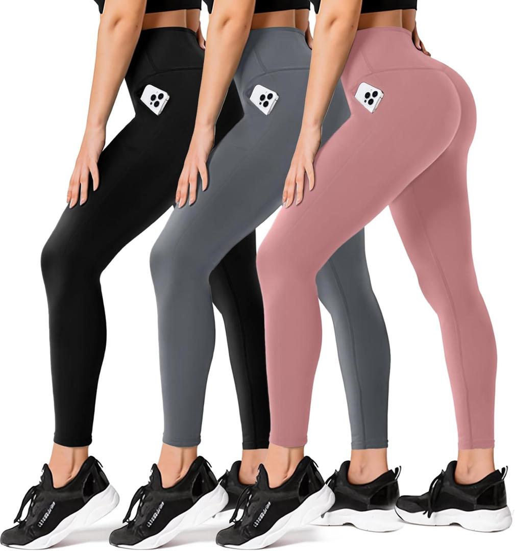 FULLSOFT 3 Pack Leggings for Women High Waisted Soft Black Yoga Pants for Workout Athletic Running Reg & Plus Size (Large-X-Large, 01-black,grey,pink(with Pockets))