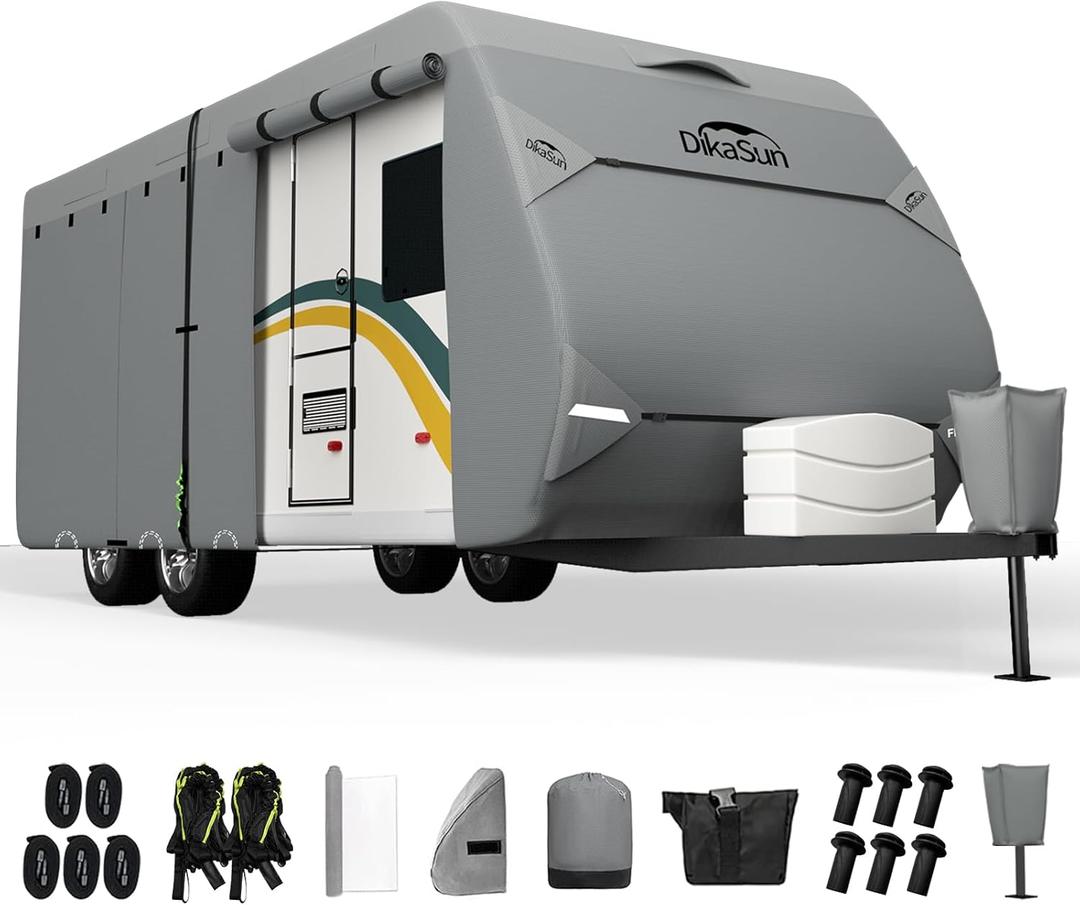 RV Cover, Upgraded 7 Layers top travel trailer cover Fits 18 to 20 feet RV, Waterproof camper Cover for Toy Hauler with Tongue Jack Cover, Gutter Covers