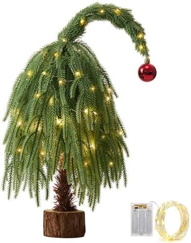 Tabletop Artificial Christmas Tree with Wooden Base-18Inch Real Touch Norfolk Pine Christmas Tree Small with Red Bauble,Table Top Xmas Tree for Home Office Party Holiday DIY Desk Decor