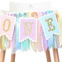 Rainbow High Chair Banner for 1st Birthday - Baby Girl Smash Cake for Photo Props, First Birthday Photo Background, Macarons Color(Rainbow High Chair Banner)