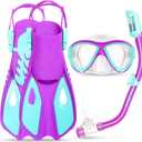 Snorkeling Gear for Kids Ages 5-15, 4 in 1 Mask Fins Snorkel Set with HD Tempered Glass Panoramic View Anti-Fog Mask, Dry Top Snorkel, Adjustable Trek Fins, and Mesh Bag, Kids Snorkel Set for Youth (Purple,LightBlue)