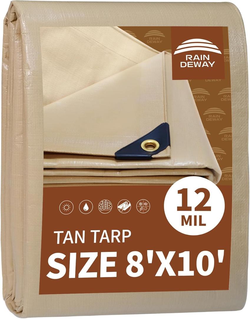 RAINDEWAY 8x10 Feet Heavy Duty Tarp,12 Mil Tan Waterproof Poly Tarp Cover,UV Resistant,Weatherproof,Durable,Multipurpose Tarps with Grommets and Reinforced Edges