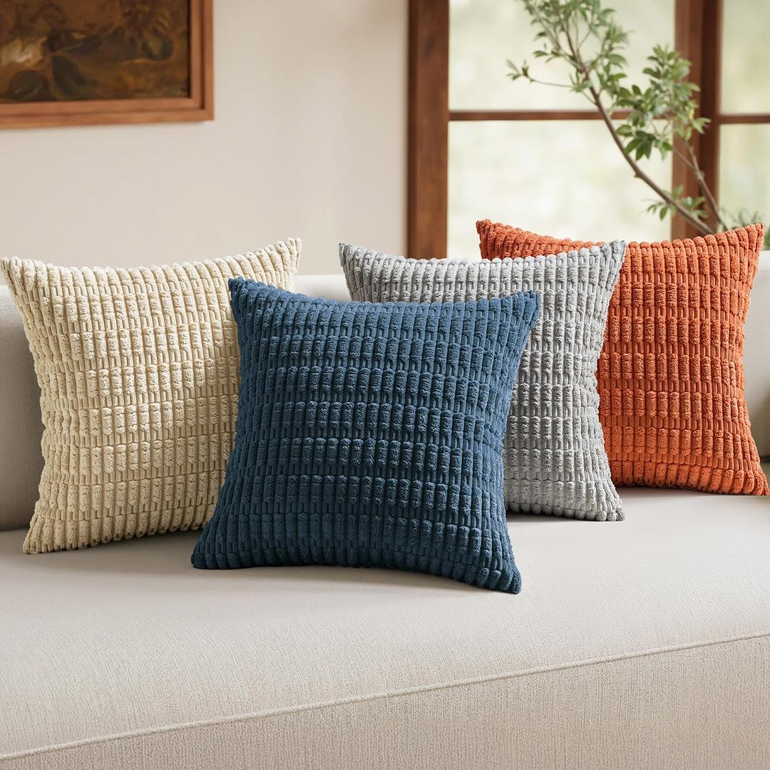 MIULEE Pack of 4 Boho Farmhouse Blue and Orange Corduroy Decorative Throw Pillow Covers 18x18 Inch Modern Retro Soft Striped Pillow Covers Home Decor for Sofa Living Room Couch Bed