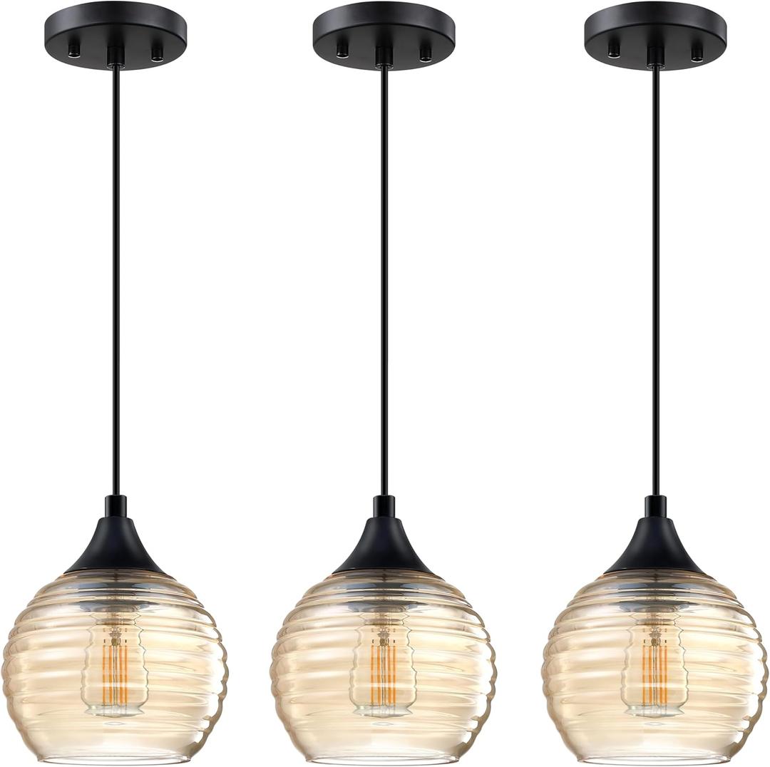 3 Pack 1 Light 6.3" Kitchen Island Hanging Pendant Ceiling Light Farmhouse Dining Light Fixture, for Living Room, Dining Room, Over Sink (Amber Glass, Finish A)