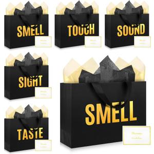 EIiovcnya 5 Senses Gift Bags for Him Her with Labels,Sight Smell Touch Taste Sound Gift Bags with Ribbon Handle,Tissue Paper,Greeting Card for Birthday,Wedding,Christmas,Valentine's Day (Black small, 9.8 x 6.7 x 3.1 Inch)