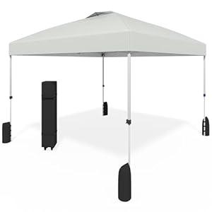 Favofamilie 10x10 Pop Up Canopy - Instant Setup Beach Tent with Wheeled Carry Bag, 8 Sandbags & 4 Guy Lines - Portable Sun Shade for Camping, Events, Silver Coated Top, White