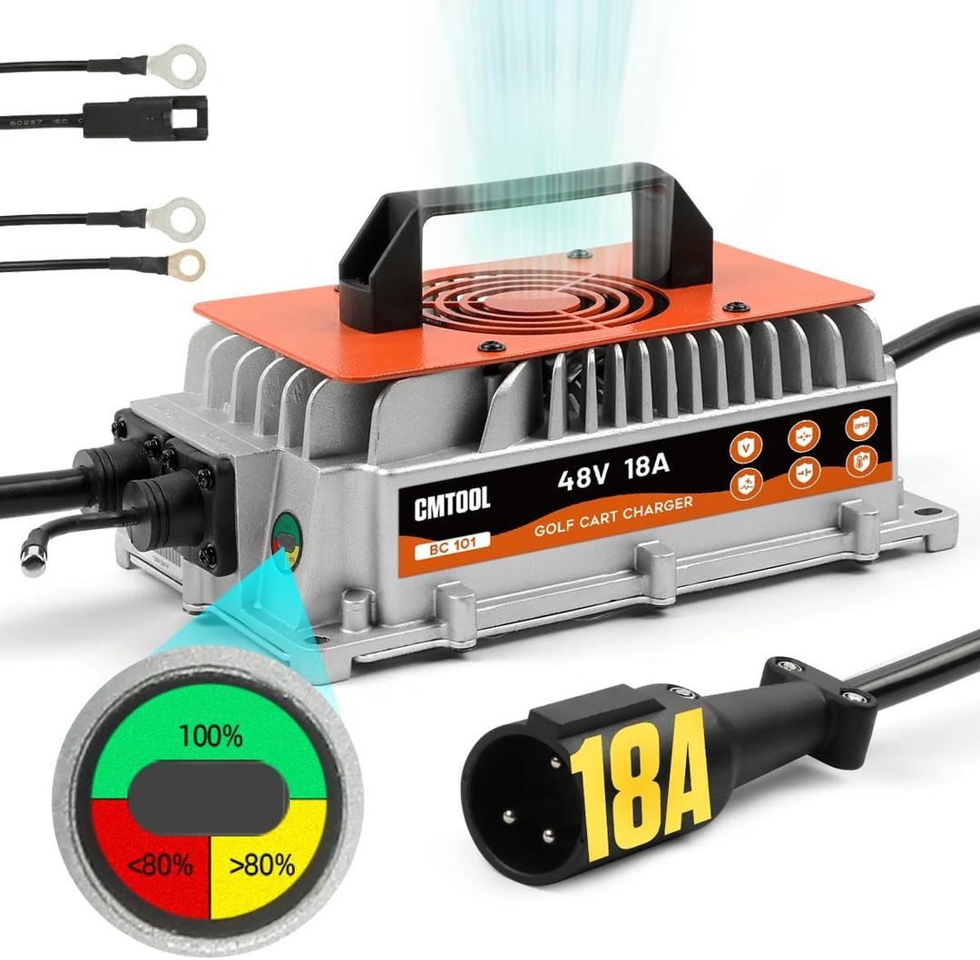 CMTOOL 18 AMP 48 Volt Golf Cart Battery Charger for Club Car, IP67 Waterproof Fully Automatic 48V Trickle Charger, 3-Pin Round Plug, for Lead-Acid Batteries CMTOOL 18 AMP 48 Volt Golf Cart Battery Charger for Club Car, IP67 Waterproof Fully Automatic 48V Trickle Charger, 3-Pin Round Plug, for Lead-Acid Batteries