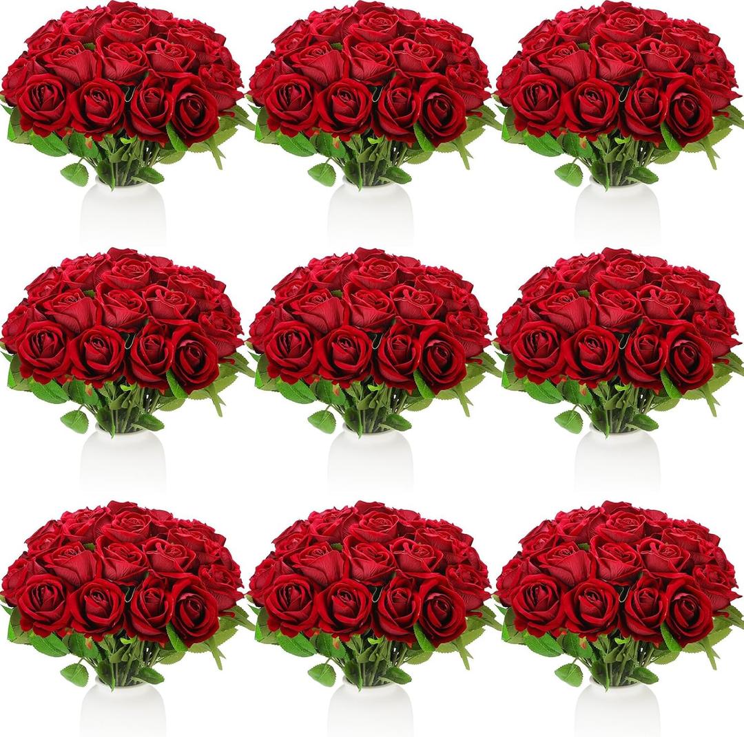 Jexine 100 Pieces Artificial Roses Flowers Bulk, Long Stem Realistic Fake Silk Roses Bouquet for Table Centerpiece Vases Wedding Party Kitchen Decor(Wine Red)
