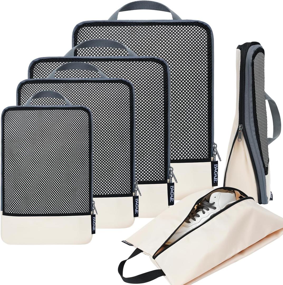 BAGAIL 6 Set Compression Packing Cubes Travel Accessories Expandable Packing Organizers (Half Mesh, 6-Beige)