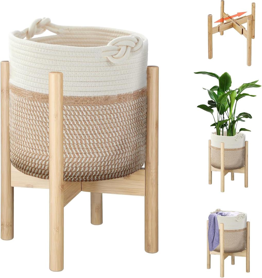 Flower Pot Rattan Plant Stand Planter with Stand, Tall Indoor Boho Woven Wicker Storage Basket with Adjustable Wood Shelf (White & Brown)