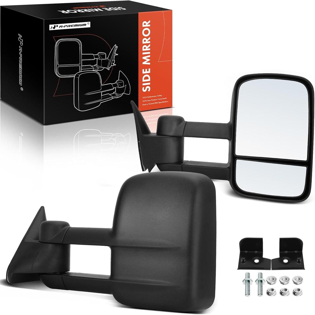 A-Premium Towing Mirrors - Compatible with Chevrolet Tahoe, Blazer, C1500, C2500, C3500, K1500/K2500 Suburban & GMC Yukon, C1500/C2500 Suburban - Manual Folding Telescoping Black - Pair Set