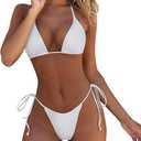 MOSHENGQI Women Sexy Brazilian Bikini 2 Piece Spaghetti Strap Top Thong Swimsuit Bathing Suit (White, XS)