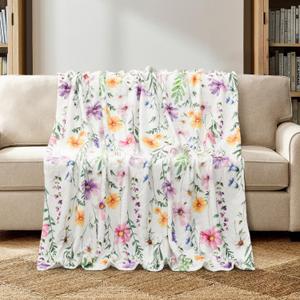 Horaldaily Spring Summer Flannel Blanket 50x60 Inches Watercolor Wildflowers Fleece Blanket Throw, Soft Lightweight Plush Cozy Blankets for Bed, Sofa, Couch, Travel, Camping (White)