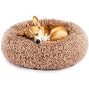 DUMOS Calming Donut Cat & Dog Bed for Small Dogs, Machine Washable Cuddle Warming Cozy Fluffy Faux Fur Plush Round Dog Bed, Anti-Anxiety Waterproof Anti-Slip Pet Bed, Brown, 20x20x8 Inches