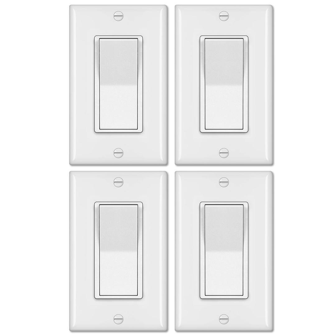BESTTEN 4 Pack 4-Way Decorator Wall Light Switch with Wallplate, 15A 120/277V, On/Off Paddle Rocker Interrupter, Self-Grounding, UL Listed, White