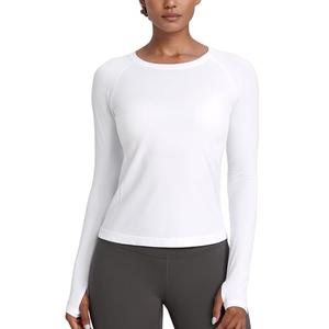 CRZ YOGA Seamless Long Sleeve Shirts for Women Waist Length - Workout Athletic White, Small