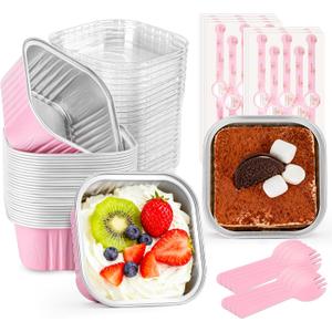 60 Pack Mini Cake Pans with Lids Foil Pans Square Aluminum Pans with Lids Cupcake Liners for Birthday Wedding Mothers Day Party Favors Gift (Pink, 5 oz)