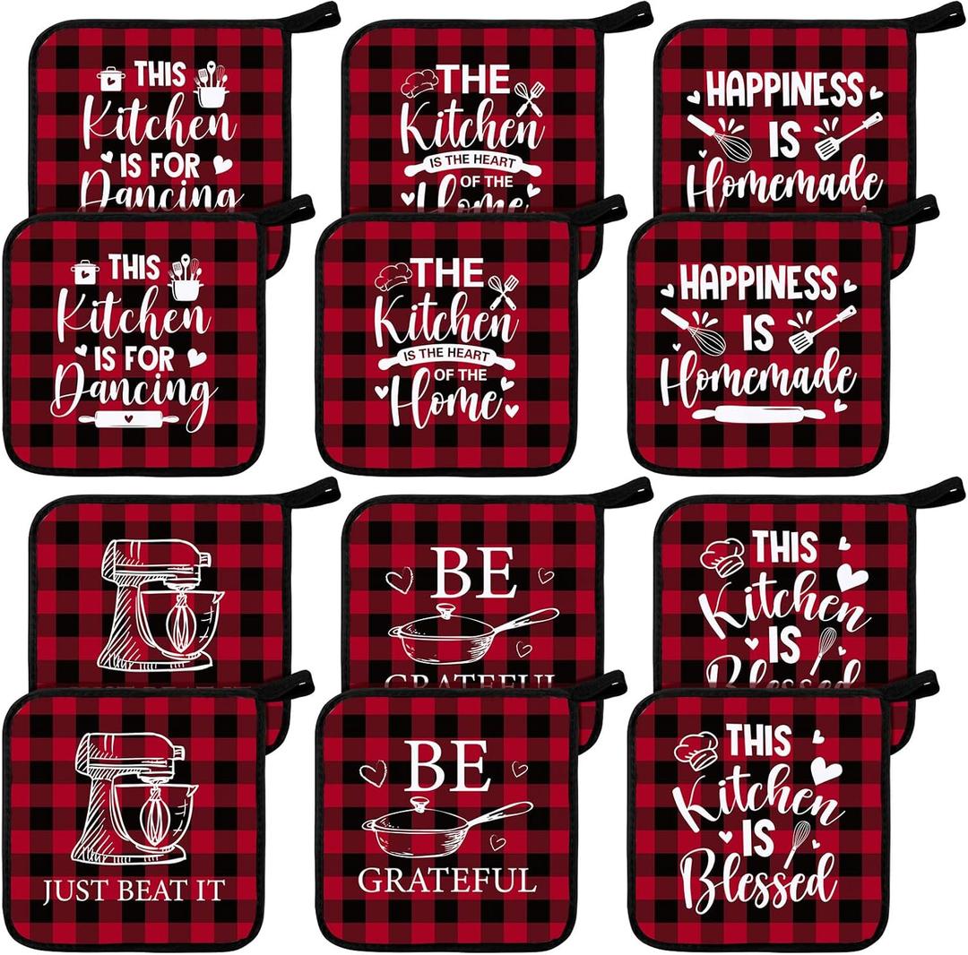 Bencailor 12 Pcs Pot Holders with Pocket Kitchen Hot Potholders Hot Pad Oven Mitts Cookie Bag Oven Gloves for Kitchen Gift Baking Cooking (Red and Black,Cooking Tool)