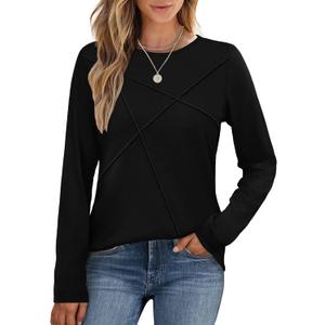 XIEERDUO Long Sleeve Shirts for Women Business Casual Tops Trendy Crewneck Fall T Shirts Pleated Loose Fit (Medium, Black)