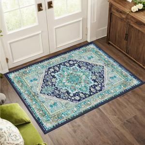 BESTSWEETIE 2x3 Area Rugs for Living Room Washable Non Slip Carpet Low Pile Soft Vintage Print Pattern Rug for Bedroom Dining Room Kitchen Entryway Indoor-Teal/Navy/Green/Yellow