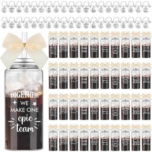 Skylety 40 Set Employee Appreciation Team Gifts Bulk with Cream Bow 40 13.5 oz Skinny Make A Great Team Plastic Cup with Lid Straw 40 Inspirational Keychain Birthday Gift for Men Women Coworker (Beige)