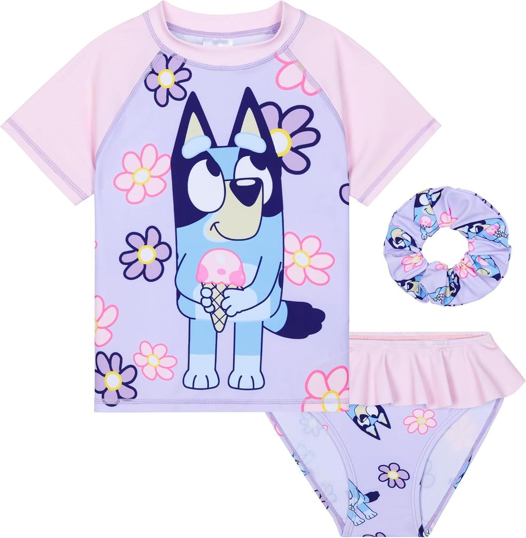 Bluey Girls Swimsuit One Piece Bathing Suit or Rash Guard Set Kids, Toddlers, Swimwear Pool Beach Travel Essentials Holiday (7-8 Years, Lilac With Scrunchie)
