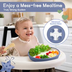 Domensi 1 Pc 8" Large Porcelain Kids Plates with Anti-slip Silicone Sleeve Ceramic Divided Plate with Suction for Toddler Eating Microwave Dishwasher Friendly (Dark Blue)