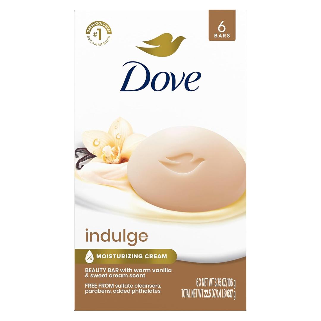 Dove Indulge Soap Bar 6 Bars Warm Vanilla + Sweet Cream for Hydrated & Soft Skin 3.75 oz