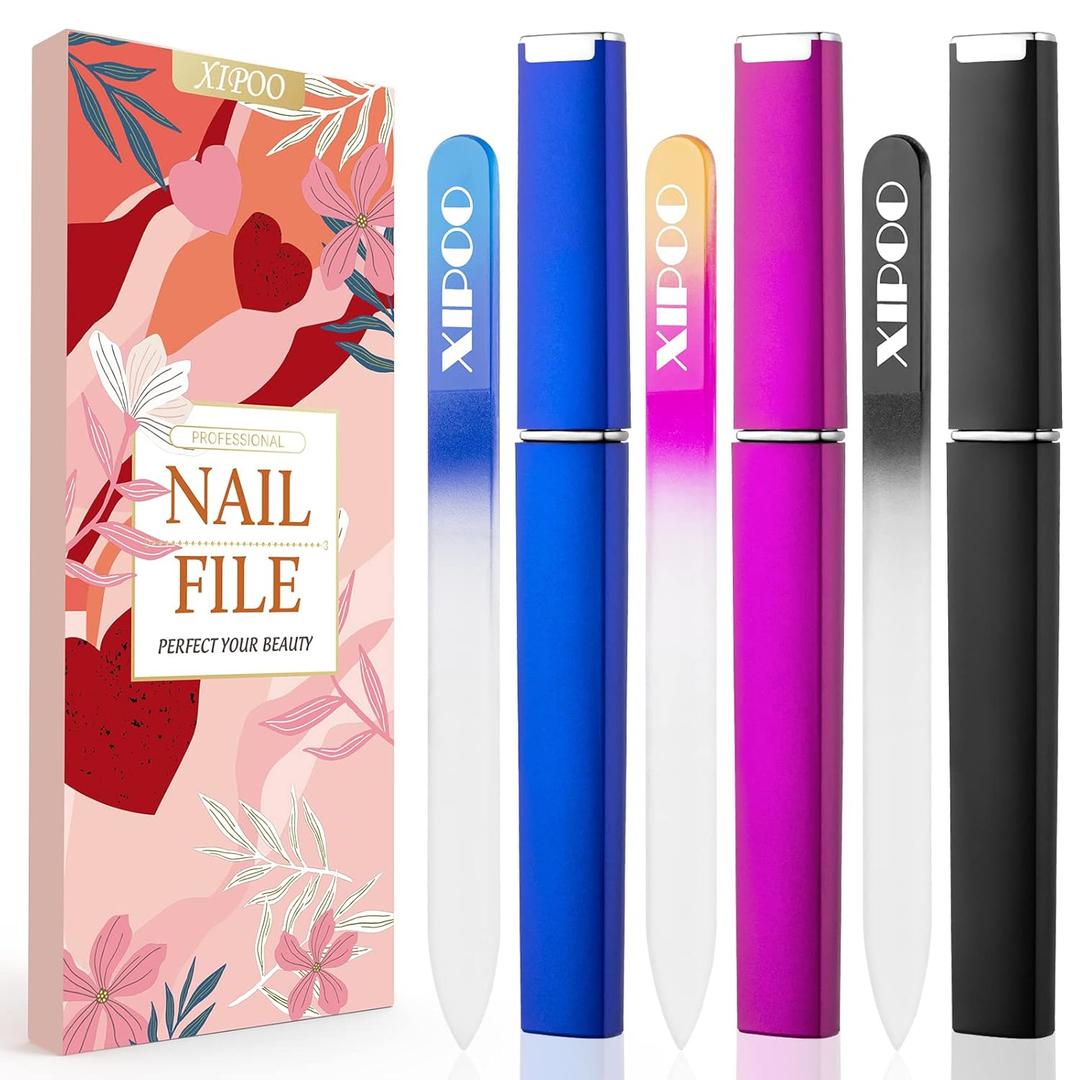XIPOO Premium Glass Nail Files - 3 Pack with Case, Crystal, Salon Manicure Tool for Natural Nails, Gift for Women and Girls