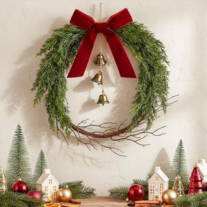 Suncalla 12 Inch Christmas Cypress Wreath with Red Velvet Ribbon Twig and Hanging Bells Christmas Wreath for Front Door Farmhouse Rustic Window Table Wall Mantel Holiday Xmas Decorations