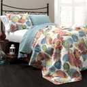 Lush Decor Layla Quilt Floral Leaf Print 3 Piece Reversible Bedding Set, King, Orange Blue