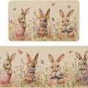 Baccessor Easter Bunny Kitchen Mats Set of 2,Colorful Easter Cute Rabbits Eggs Spring Floral Flowers Kitchen Rugs Non Slip Low-Profile Washable for Floor Home Decor 17x29 and 17x47 Inch