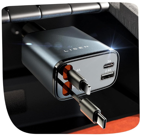 LISEN Retractable Car Charger, Gifts for Him Her, Car Adapter USB C Fast Charger, gifts for Mothers Day Travel Essentials kits Car Accessories for Men Women Gifts for iPhone 17 16 15 14 13 Samsung S26