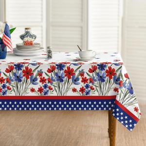 Horaldaily 4th of July Tablecloth 60x84 Inch, Patriotic Watercolor Poppy Flowers Independence Day Memorial Day Table Cover for Party Picnic Dinner Decor (Red/Blue)